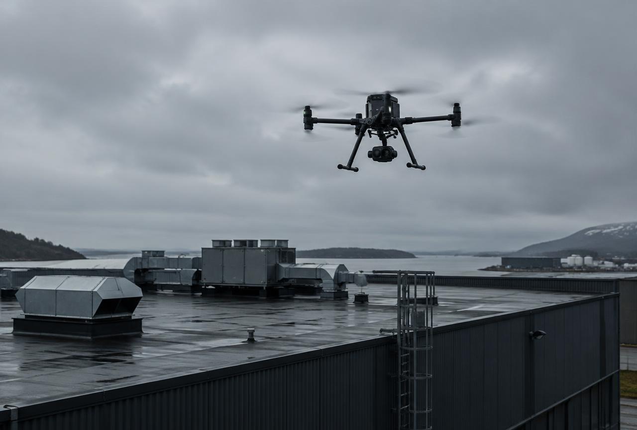 Inspektionsdrönare som flyger över taket på en industribyggnad
