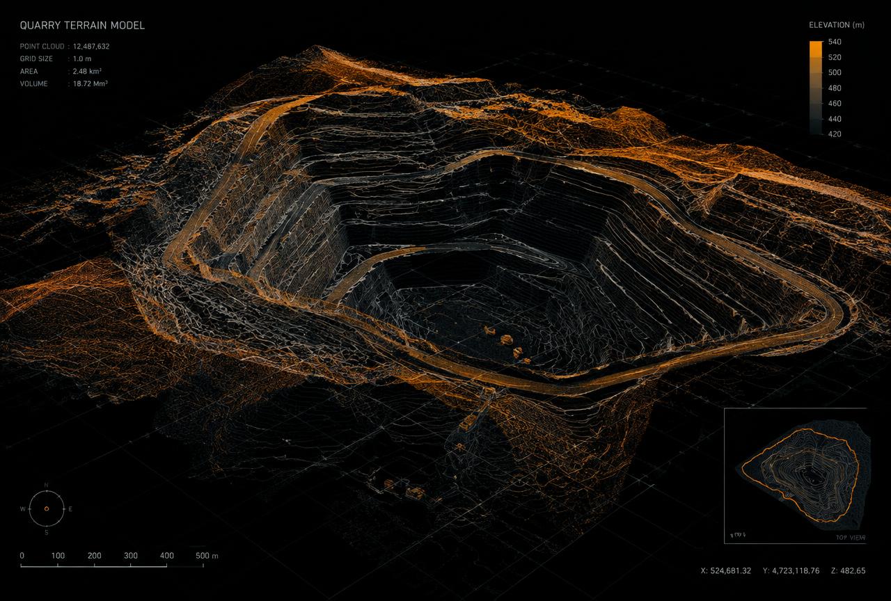 Visualisering av en 3D-terrängmodell över en bergtäkt